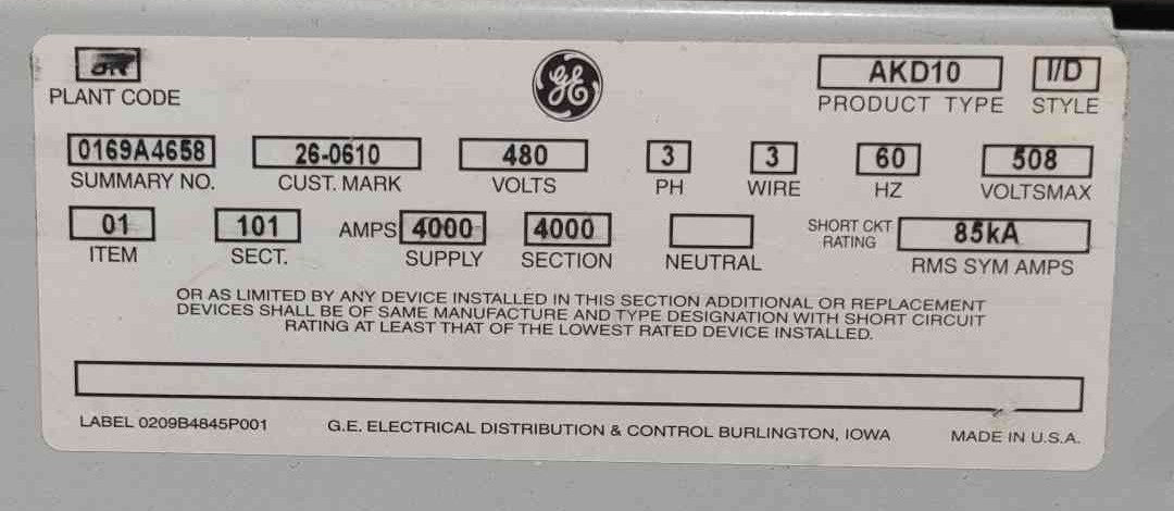 GE AKD-10 Switchgear Lineup 4000A 480V 3P3W 85kA WavePro Drawout Breakers AKD10