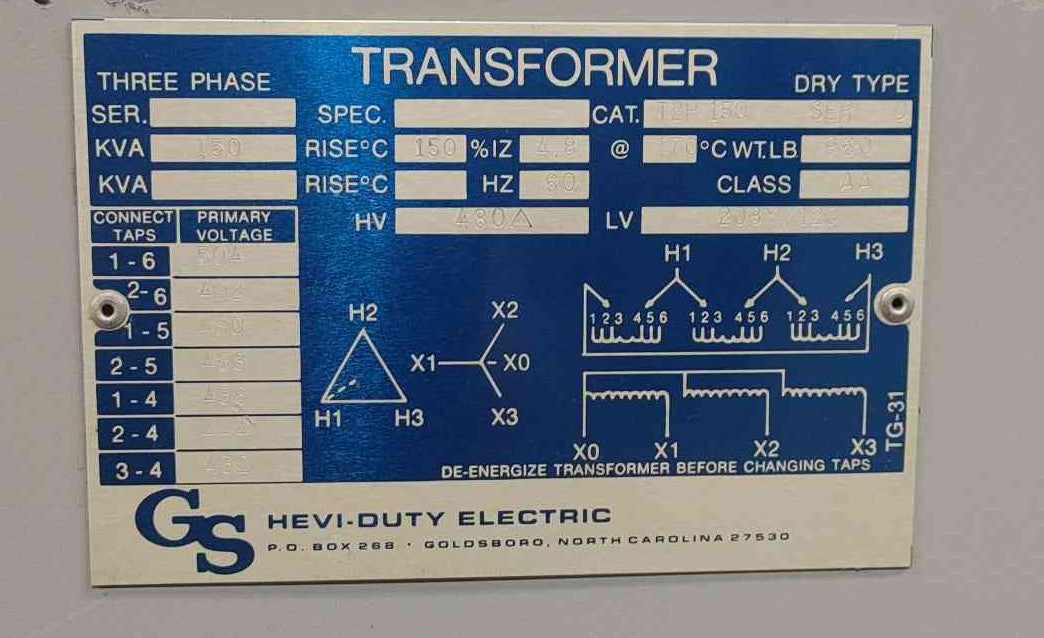 Hevi-Duty THP150 150 kVA Dry Type Transformer 480V Delta 208Y/120V 3 Phase 950LB