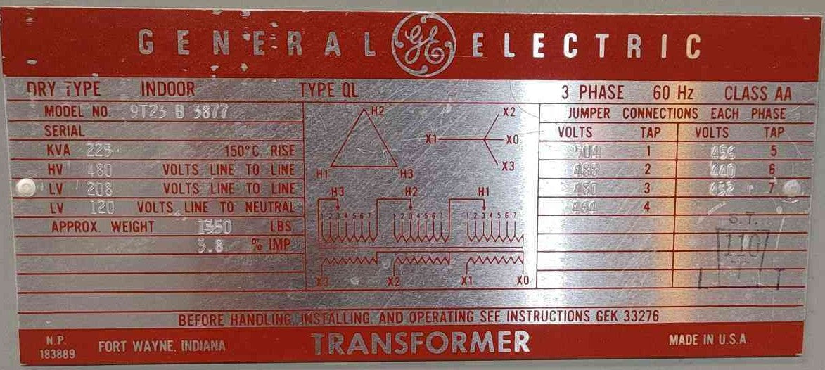 GE 9T23B3877 225 kVA Dry Type Transformer 480V Delta 208Y/120V 3 Phase 1350LBS