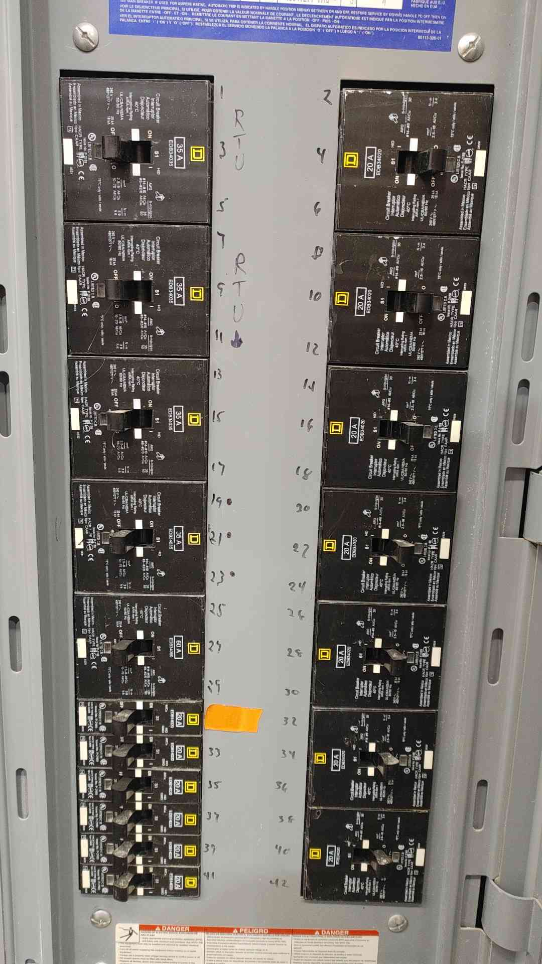 Square D NF Panelboard 200A 480Y 277V Loaded 3-Pole EDB Breakers 35A 60A 20A
