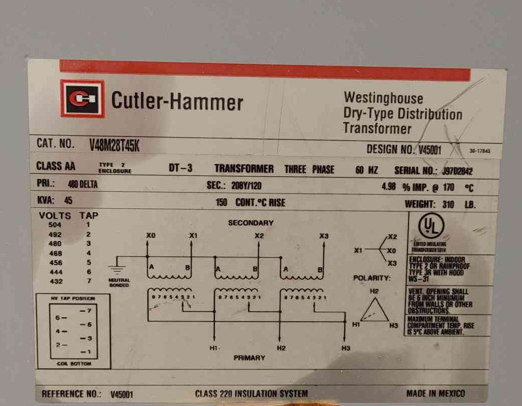 Cutler Hammer V48M28T45K 45 kVA 3 Phase Transformer 480V Delta to 208Y 120V DT-3