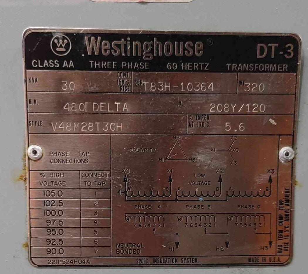 Westinghouse DT-3 30 kVA 3 Phase Transformer 480V Delta to 208Y 120V V48M28T30H
