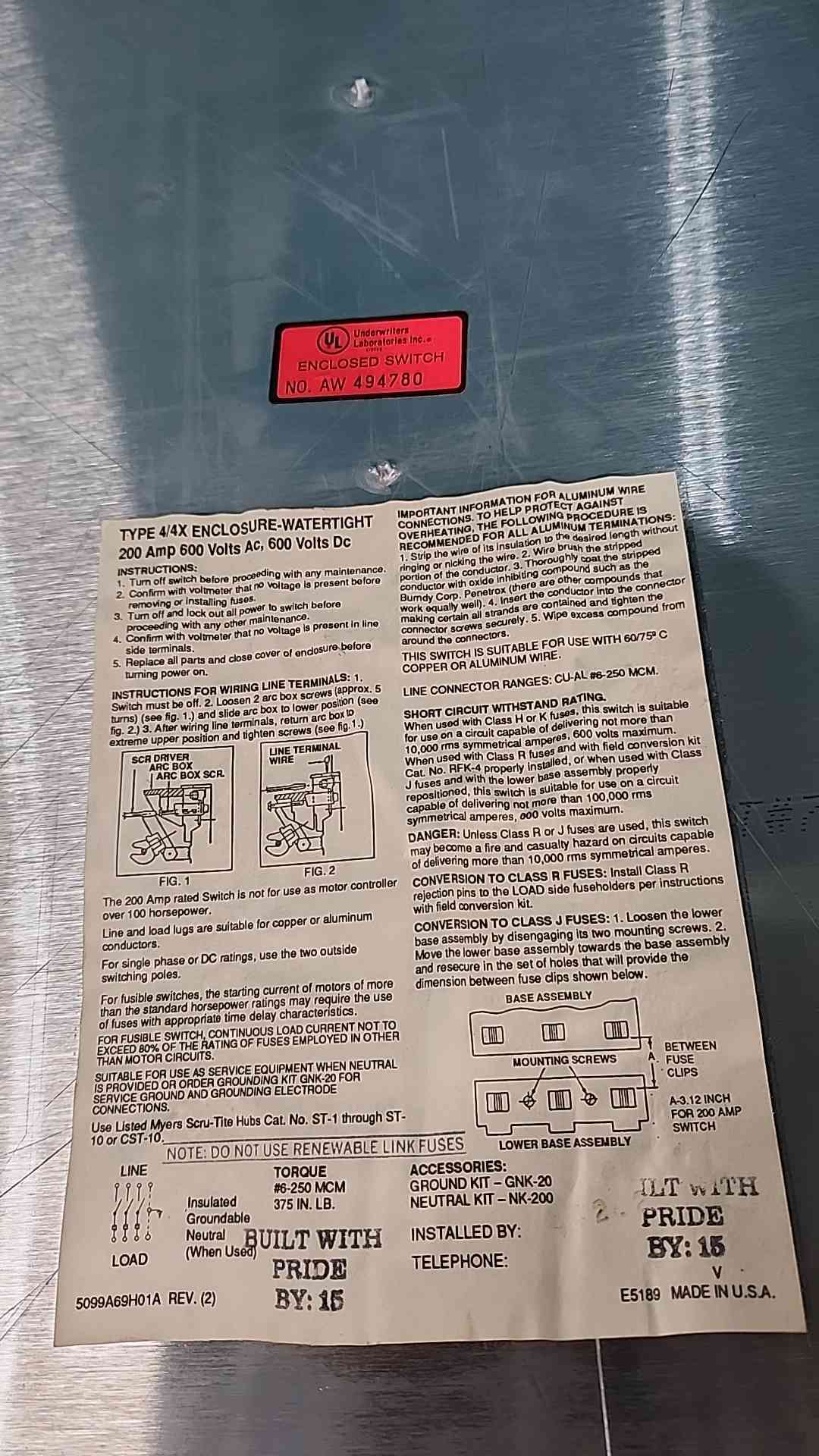 Westinghouse WHFN364 200A 600V 3 Pole Stainless Steel Safety Switch NEMA 4X Fused