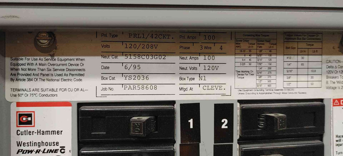 Cutler-Hammer Pow-R-Line PRL1 42 CKT 100A 3PH 208Y/120V Panelboard Complete