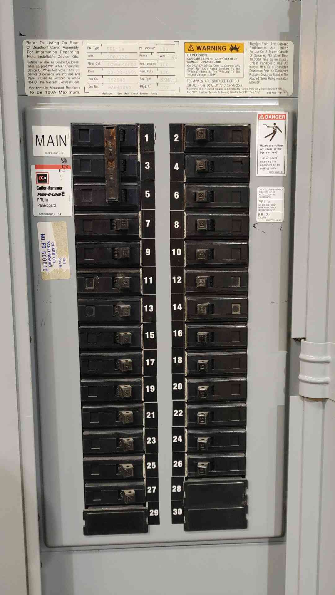 Cutler-Hammer Pow-R-Line PRL1a 100A 3PH Panelboard 208Y/120V Loaded W Breakers