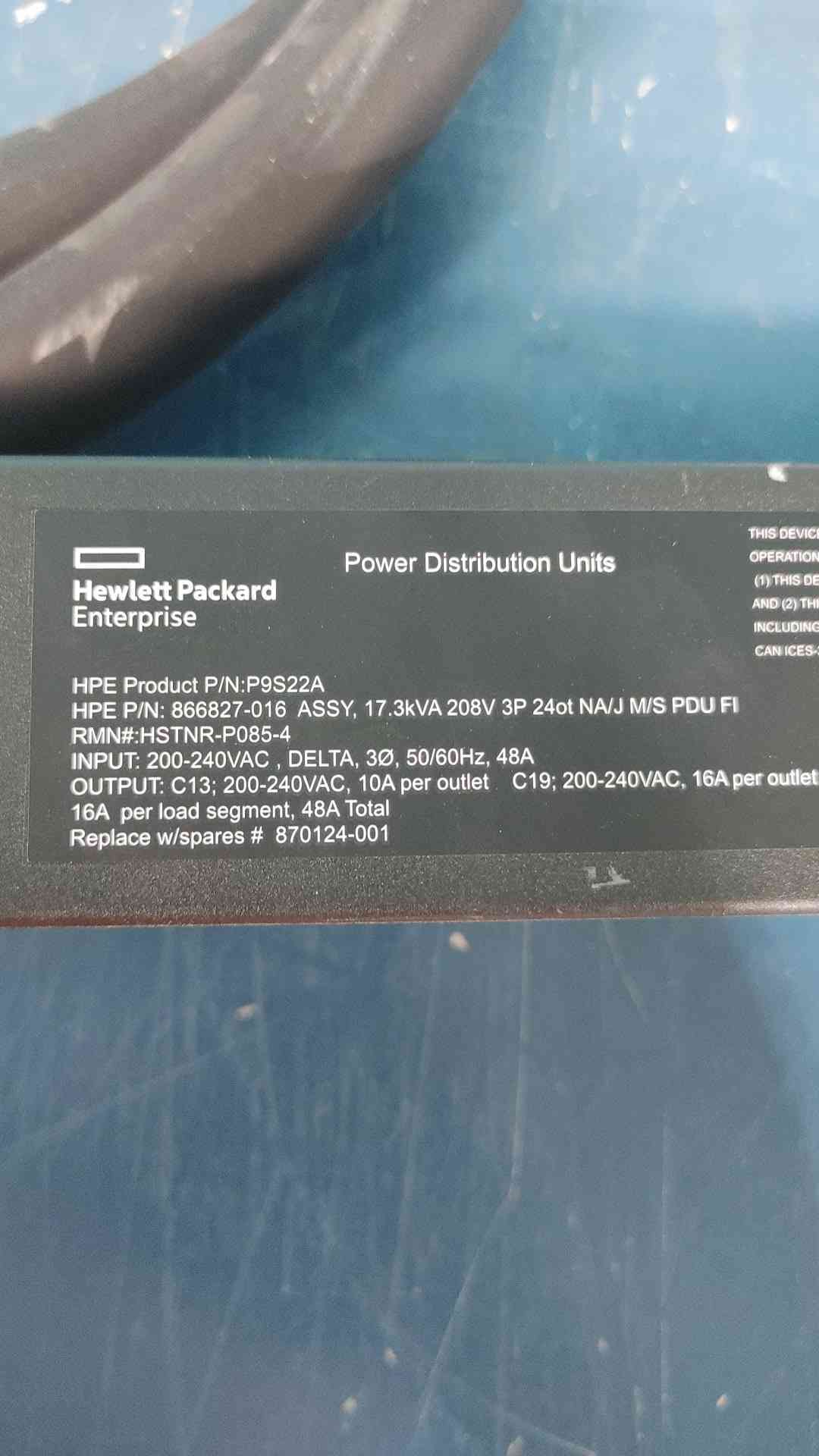 HPE 866827-016 17.3kVA 208V 3-Phase 24 Outlet Managed Vertical Rack PDU P9R82A