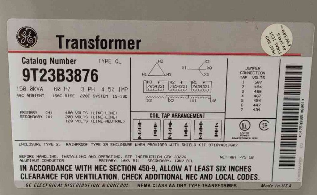 GE 150 kVA 3-Phase Dry Type Transformer 480V-208Y/120V 9T23B3876 Type QL