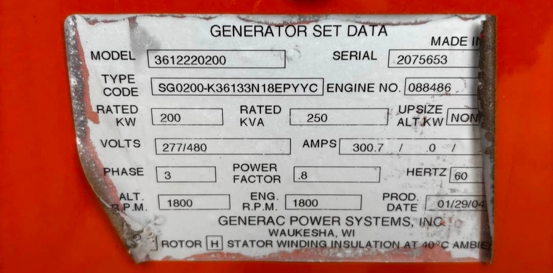 Generac 200kW Nat Gas LP Generator 3ph 277/480V Series 2000 257 HRS '04 CLEAN