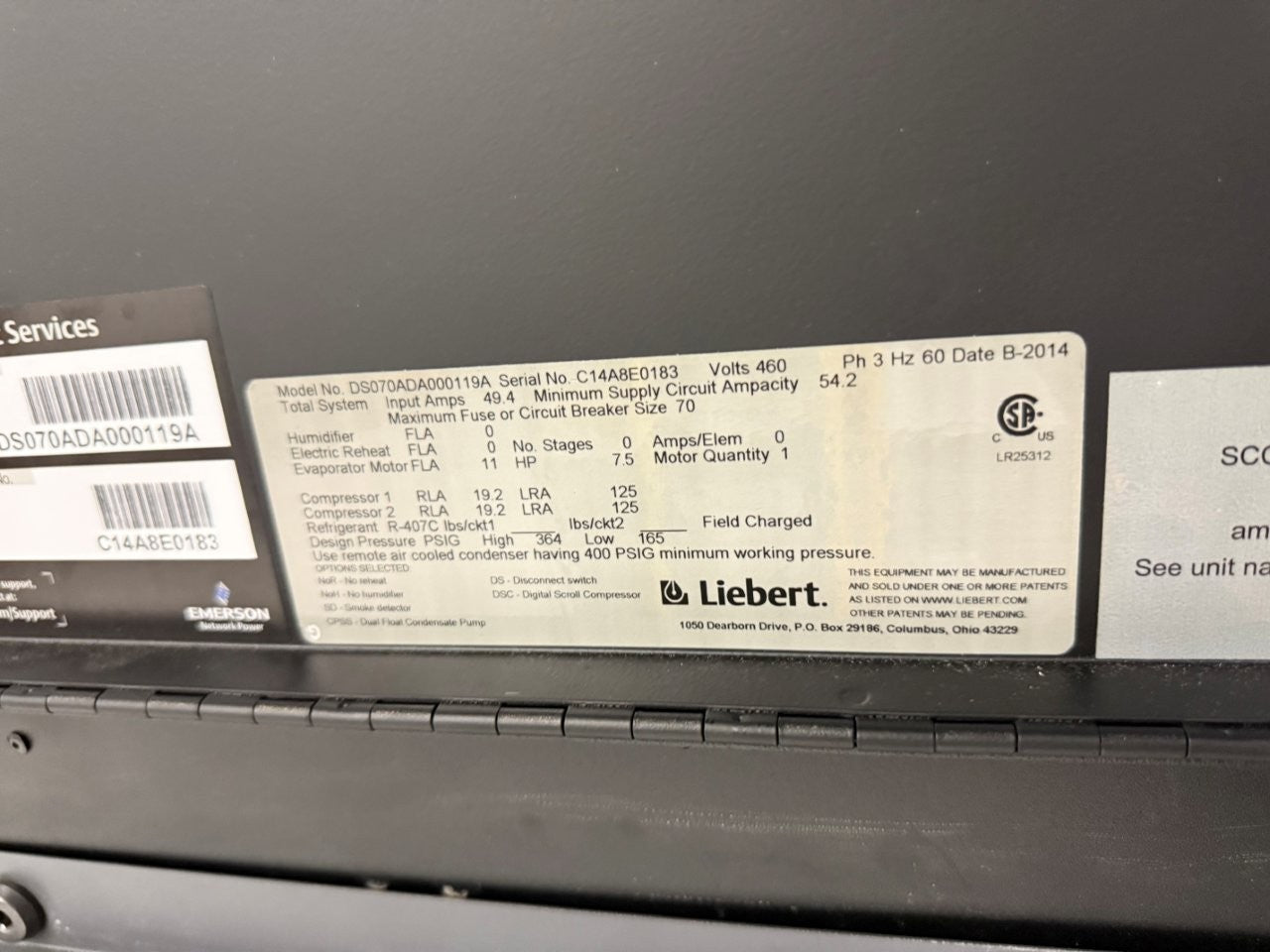 Liebert DS DS070ADA 20 Ton 70kW Data Center CRAC Cooling Unit 460V 3PH