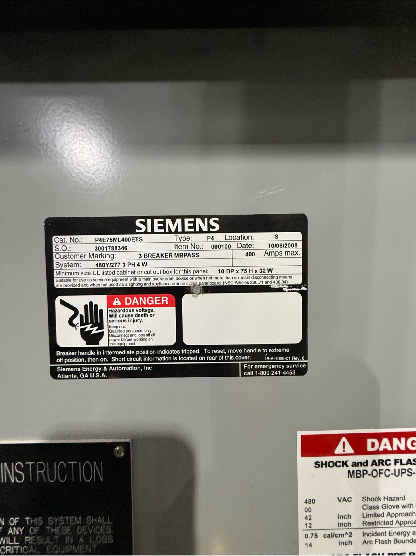 Siemens 3 Breaker 400A Maintenance Bypass MBP 480/277 Kirk Key