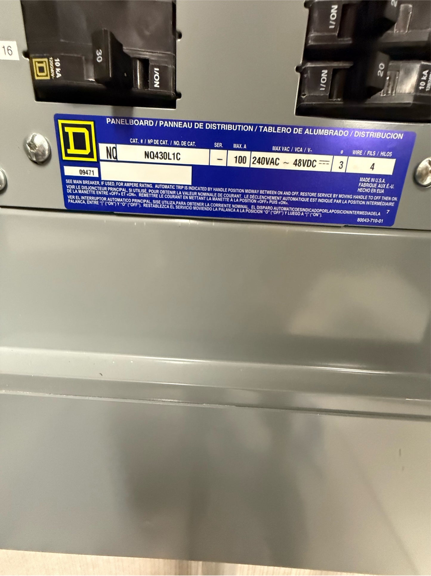 225A Square D NQ430L1C 25 Breakers Panelboard 100A 240V NQ Panelboard with Main (SKU: 109958)