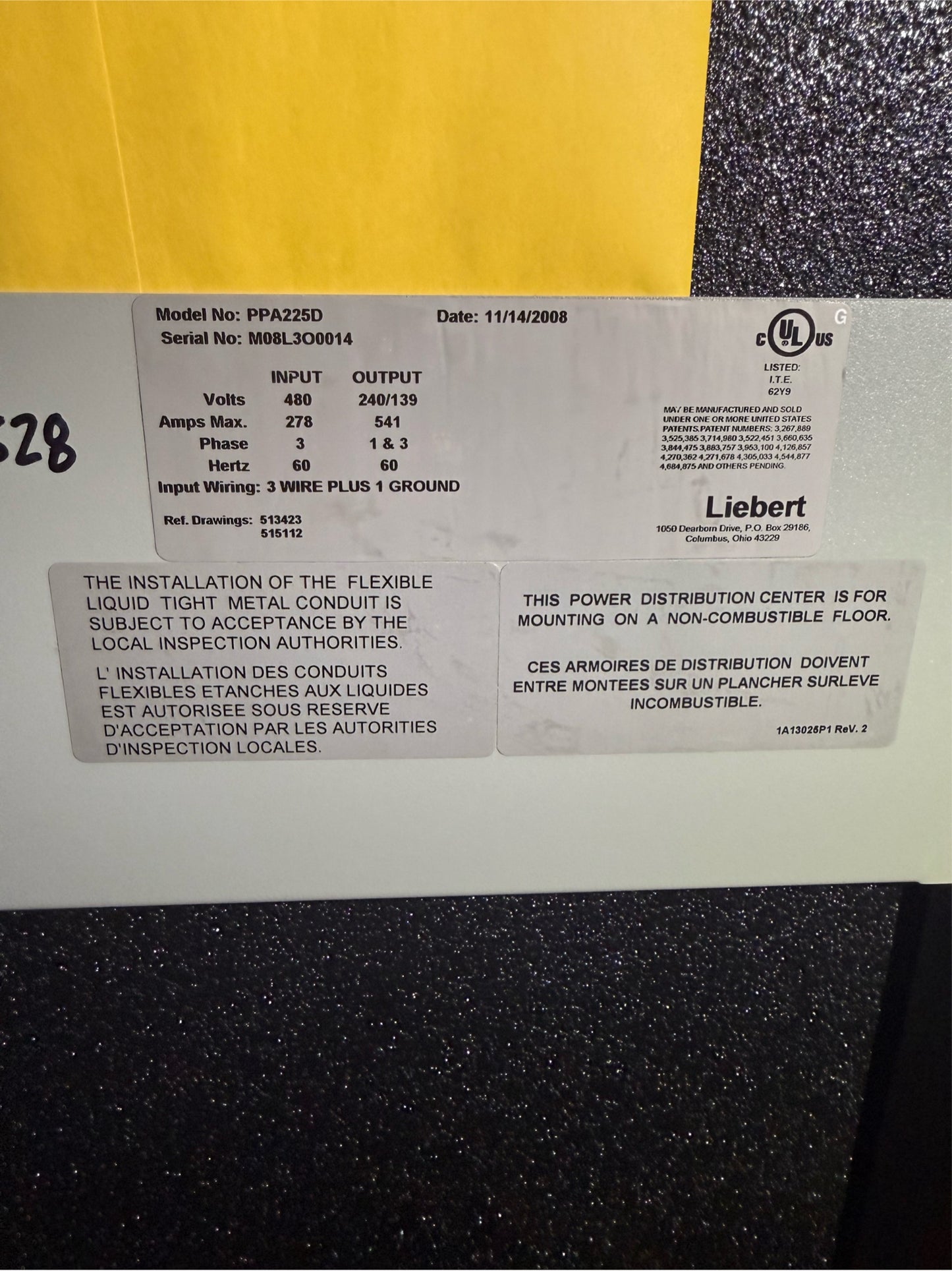 Liebert PPA225D PDU 480 x 240v 3ph Step Down Power Distribution (SKU: 110069)