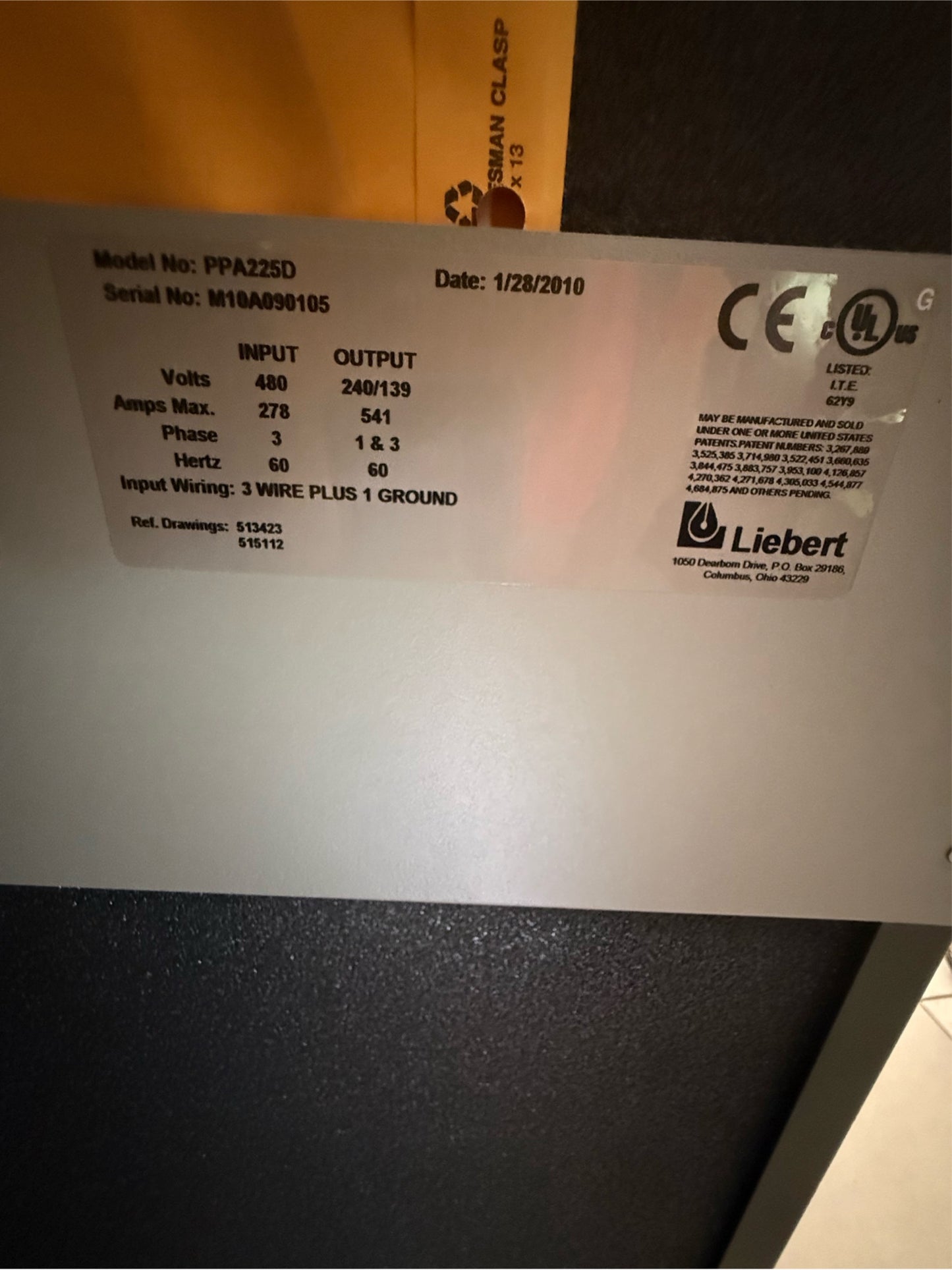 225KVA Liebert PPA225D 480V x 240V Step Down PDU Power Distribution (2010)