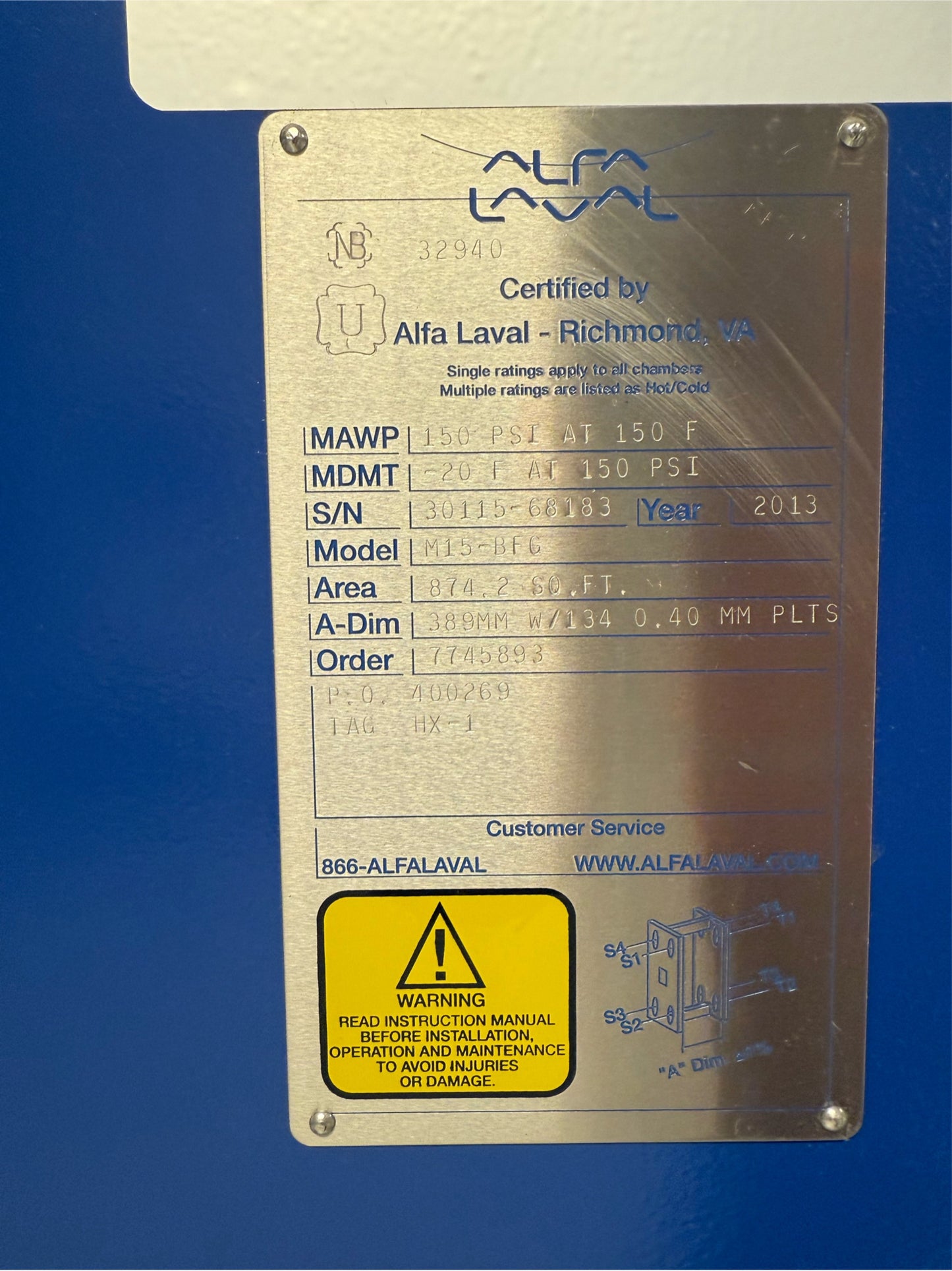 Alfa Laval M15-BFG Plate and Frame Heat Exchanger 2013 150PSI