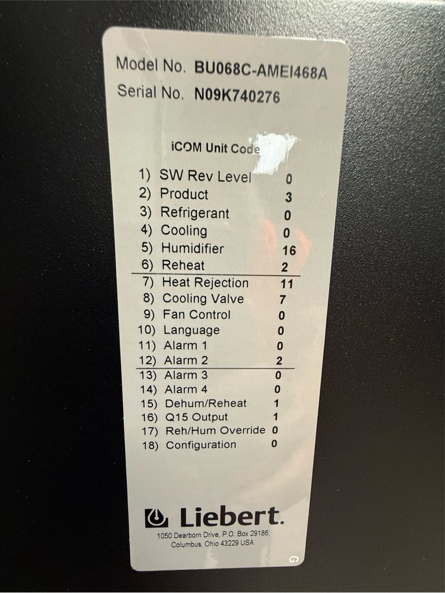 Liebert CRAC CRAH 6 Ton Chilled Water Upflow BU086C-AMEI468A '09 (SKU: 110333)