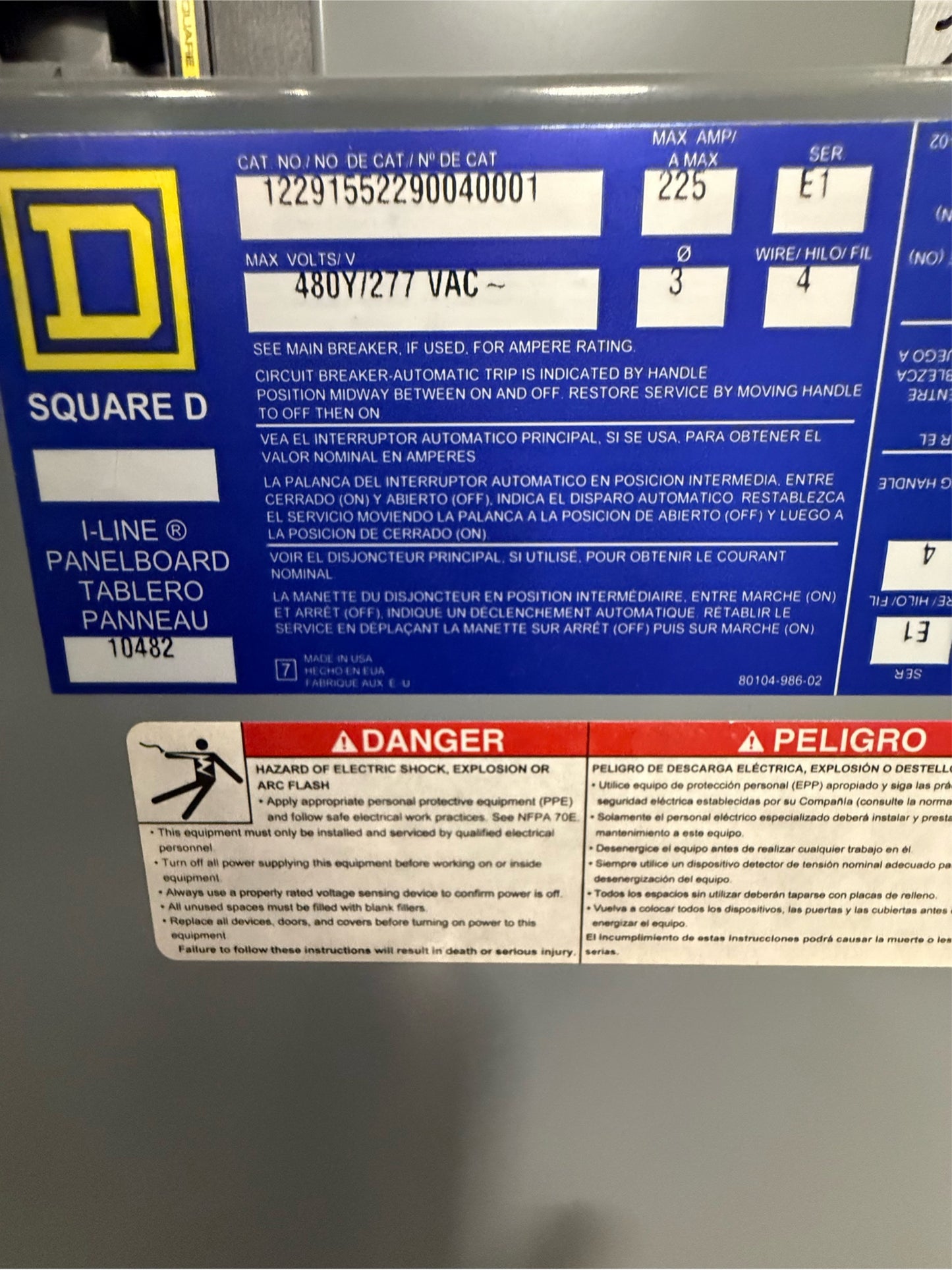 Square D I-Line Panelboard 225amp 9 breakers 480V