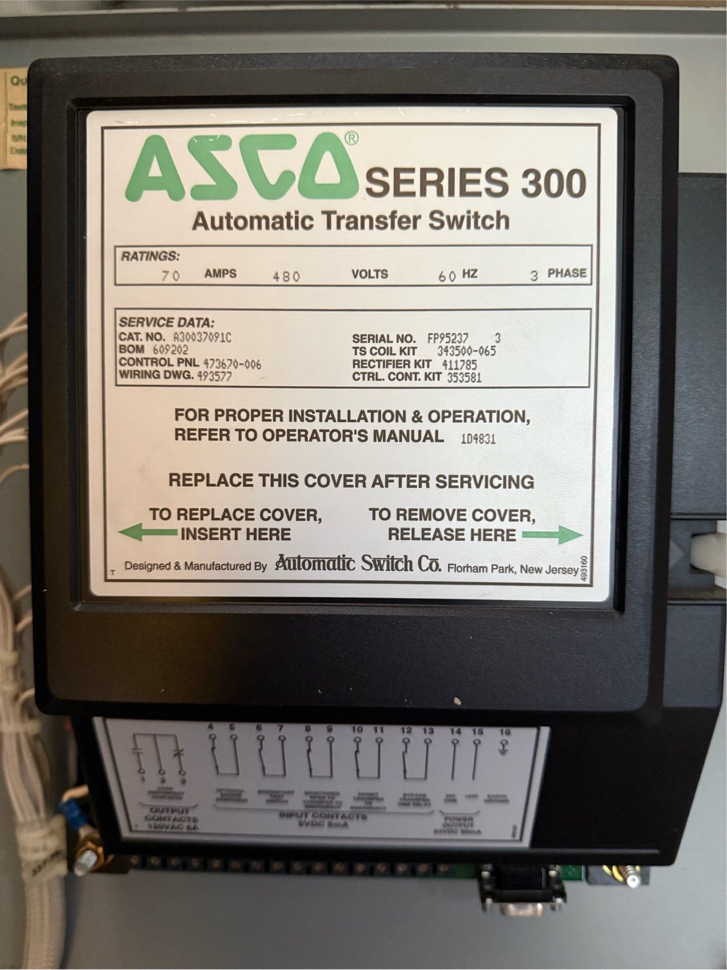 ASCO series 300 ATS 70amps 480v 3PH A30037091C