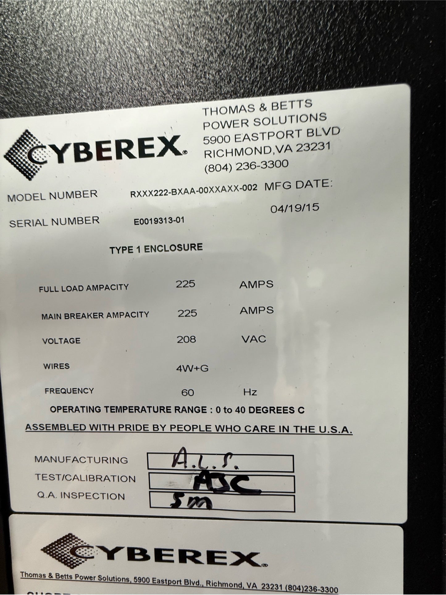 ABB Cyberex RPP Mark II 225A 208 VAC 60hz 2015(SKU: 111065)