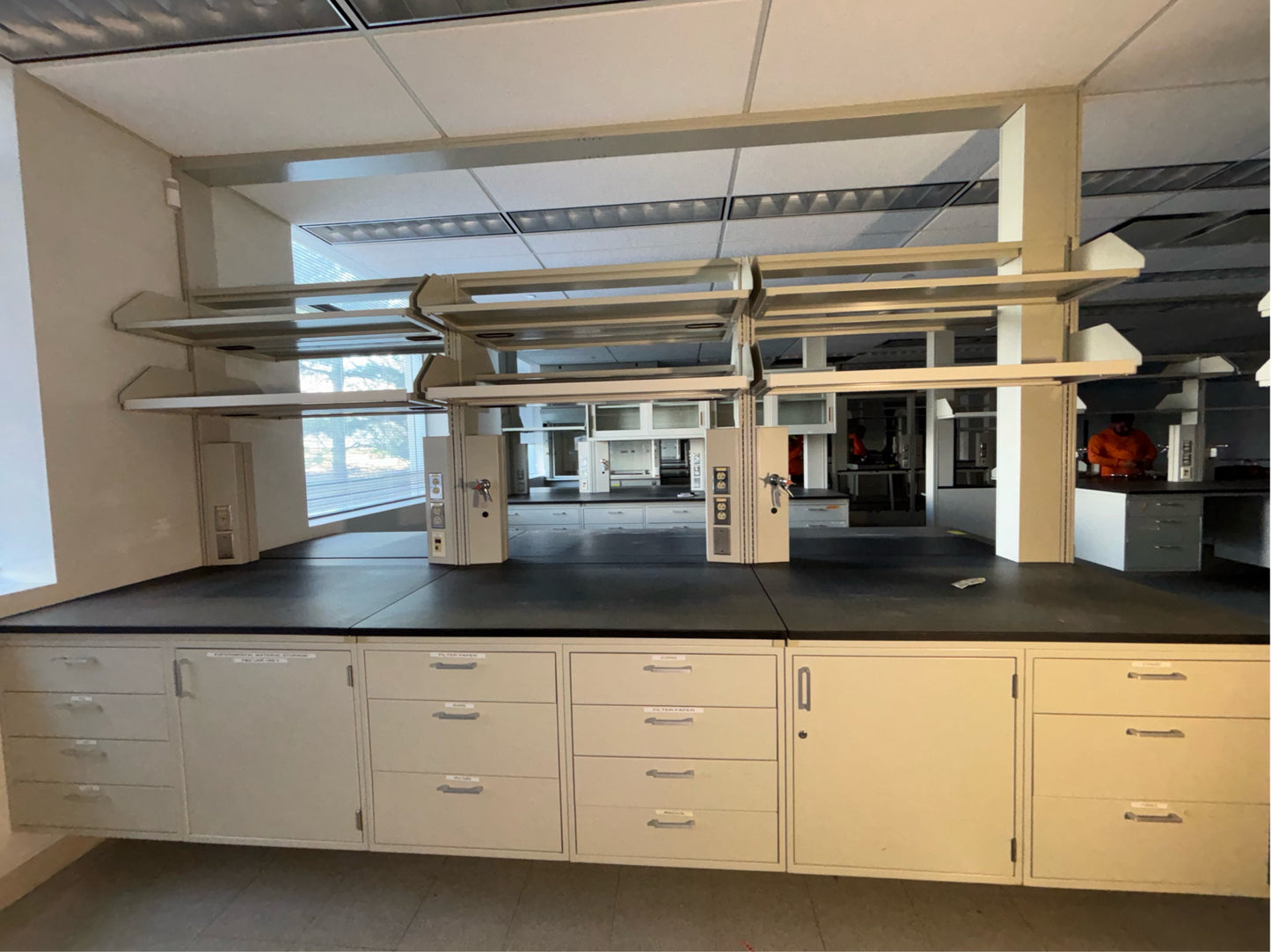 12’ 2 Sided Hamilton Metal Casework Island Work-center w/ Overhead Shelves  (112880)