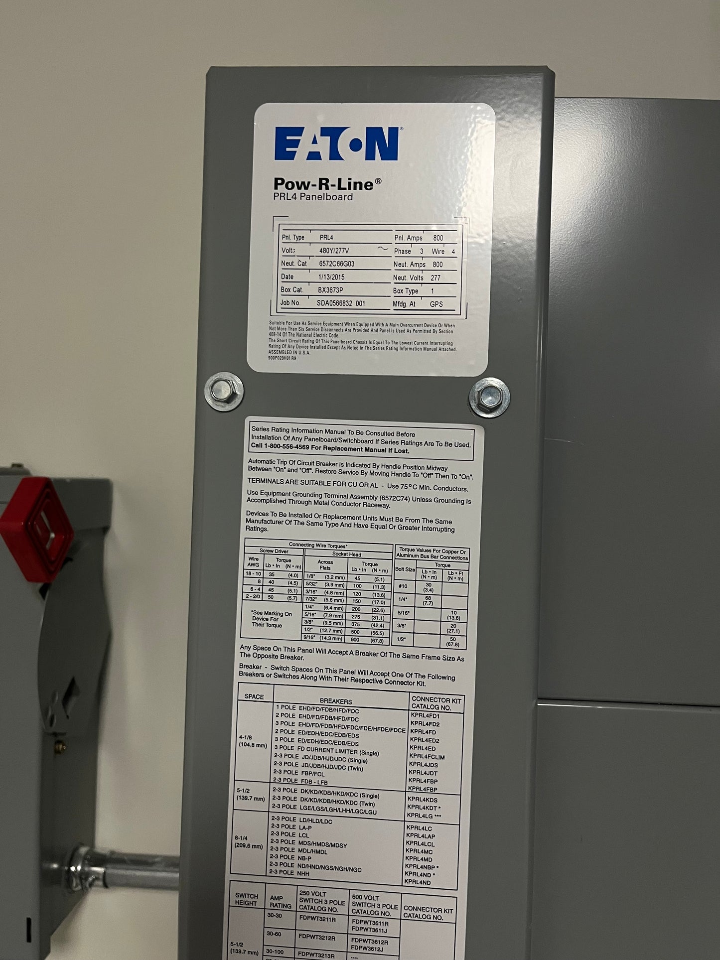 Eaton PRL4 800 Amp Distribution Panelboard 480Y/277V 3PH 4W Pow-R-Line 65k AIC