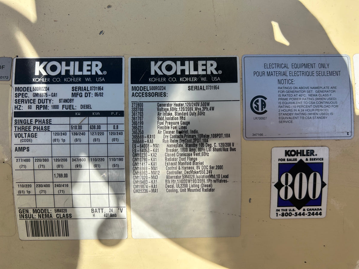 Kohler 500ROZD4 500kW Diesel Generator Detroit 16V2000 510kW 208V 480V 575 Hrs