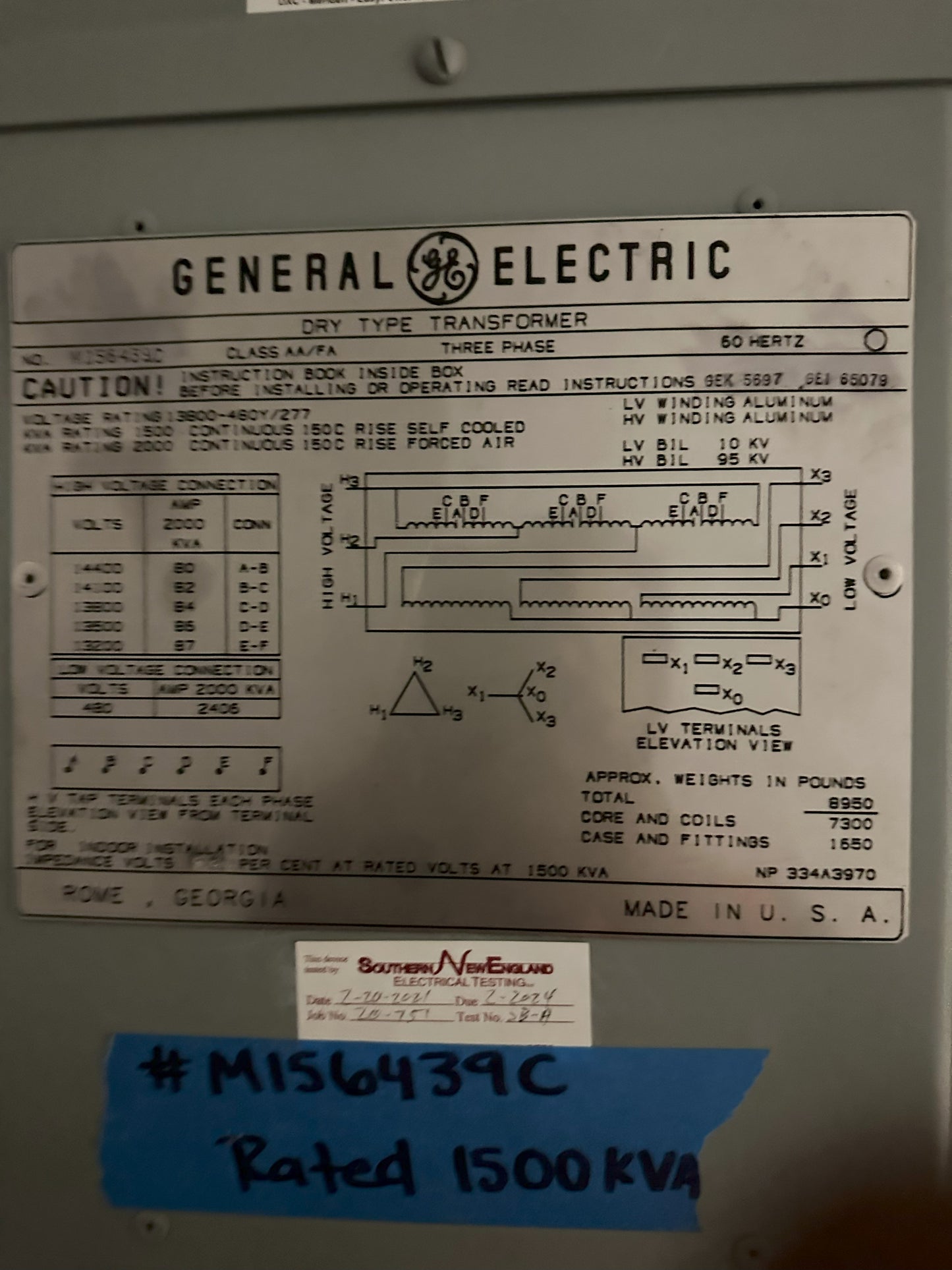 Used 2000KVA GE Transformers 13800v x 480/277 Substation Dry Type Xfrmr 2MW #M156439C (SKU: 106232)