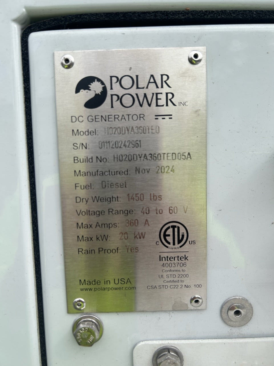 Polar Power 20kW 48V DC Diesel Generator 360A 40-60V 125 Gal Tank H020DYA360TED