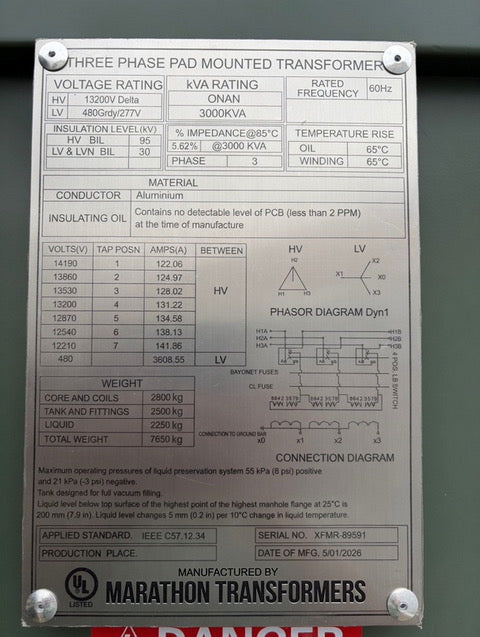 New 3000 KVA Pad Mounted Transformer 3 Phase 13200V 480Y/277V Marathon XFMR-89591