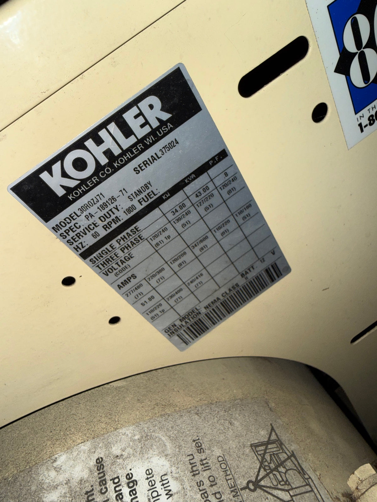 Kohler 30ROZJ71 34 kW Diesel Generator 120/208V 277/480V Enclosed Base Fuel Tank