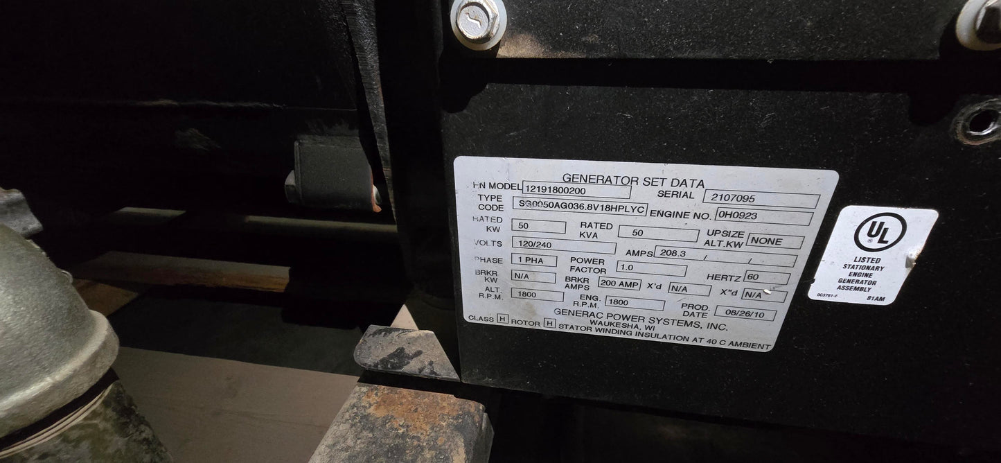 Generac 50kW Diesel Standby Generator 1 Phase Model SD0050 2014 Industrial