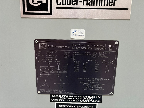 2000kVA Cutler Hammer Dry Type Transformers 4160-480Y/277. SNs: DS72840001, DS72841001