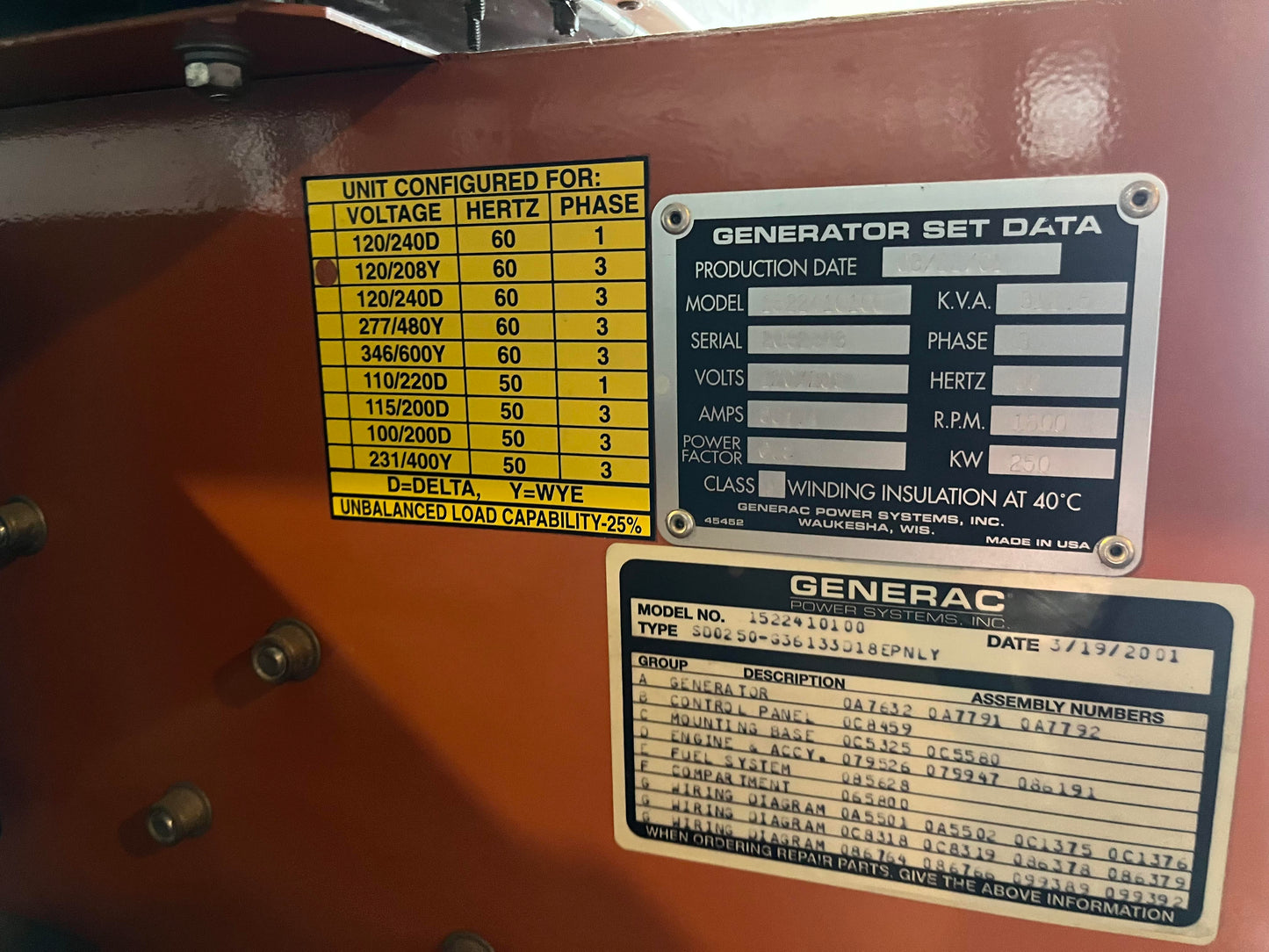 Generac 250kW Diesel Generator SD0250 8.7L Turbo 726Hrs 3ph CLEAN