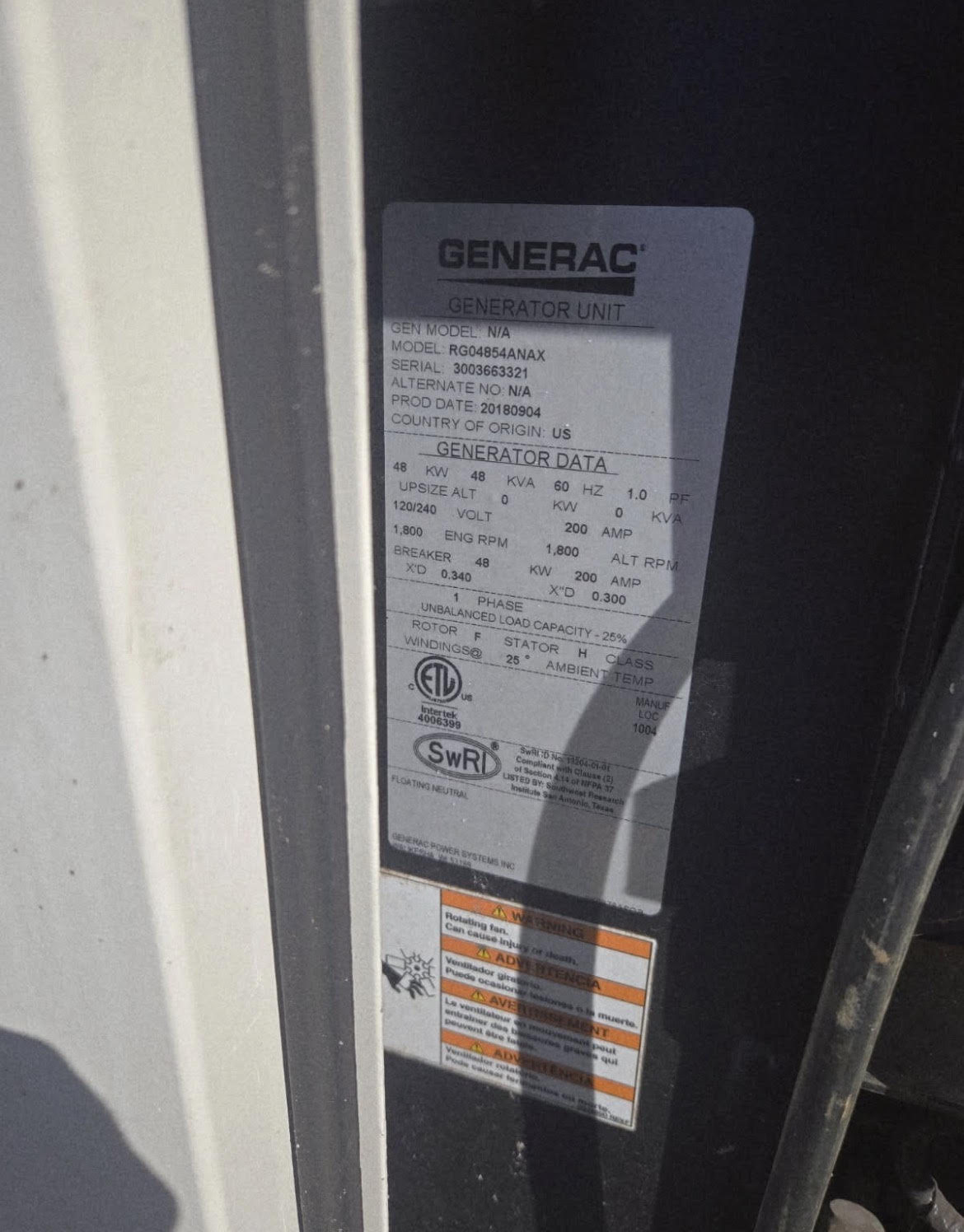 48KW Generac RGO4854ANAZ NG/LP Generator 120/240