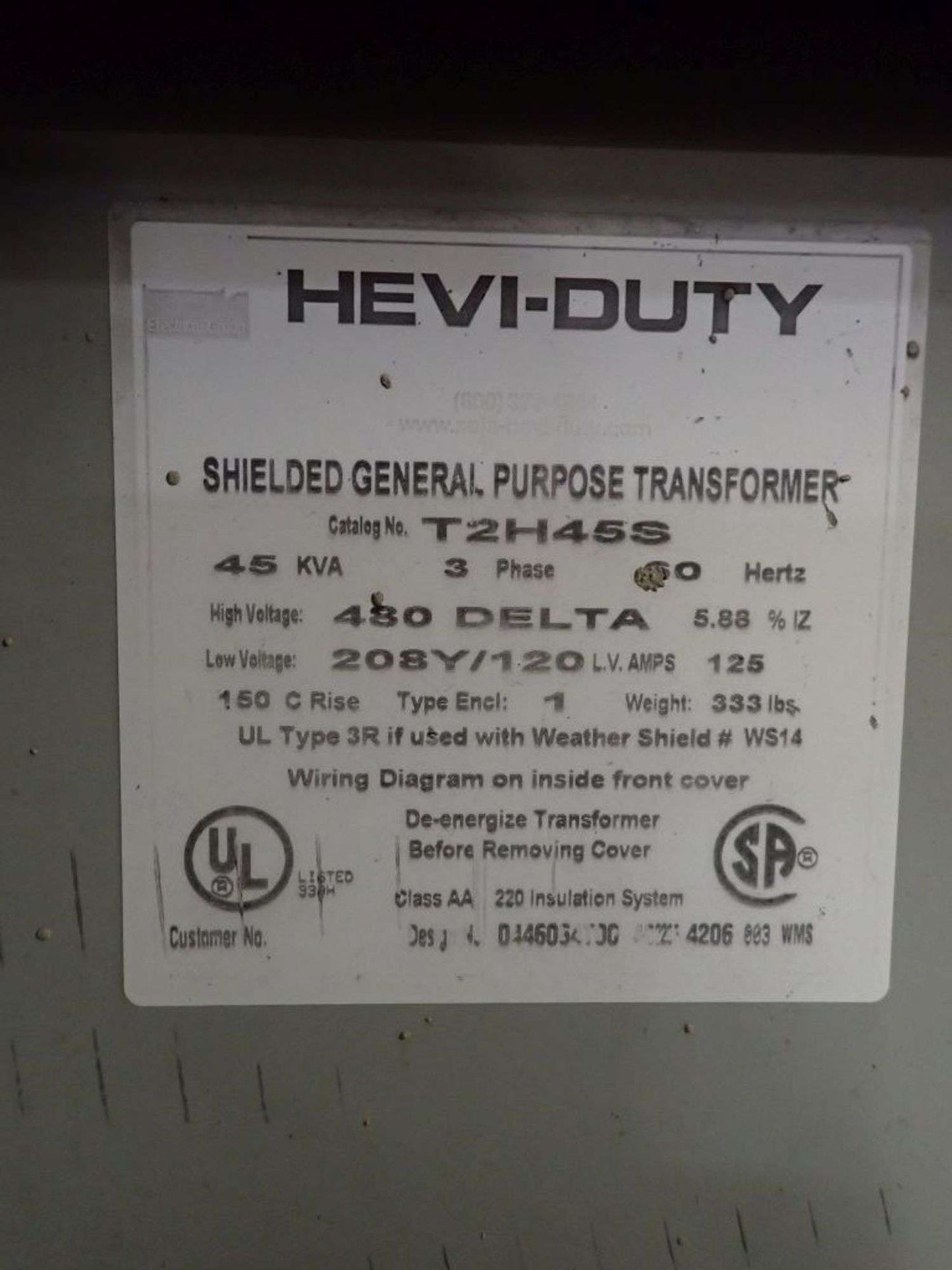 Hevi Duty Shielded 45KVA General Purpose Transformer 480v x 208/120