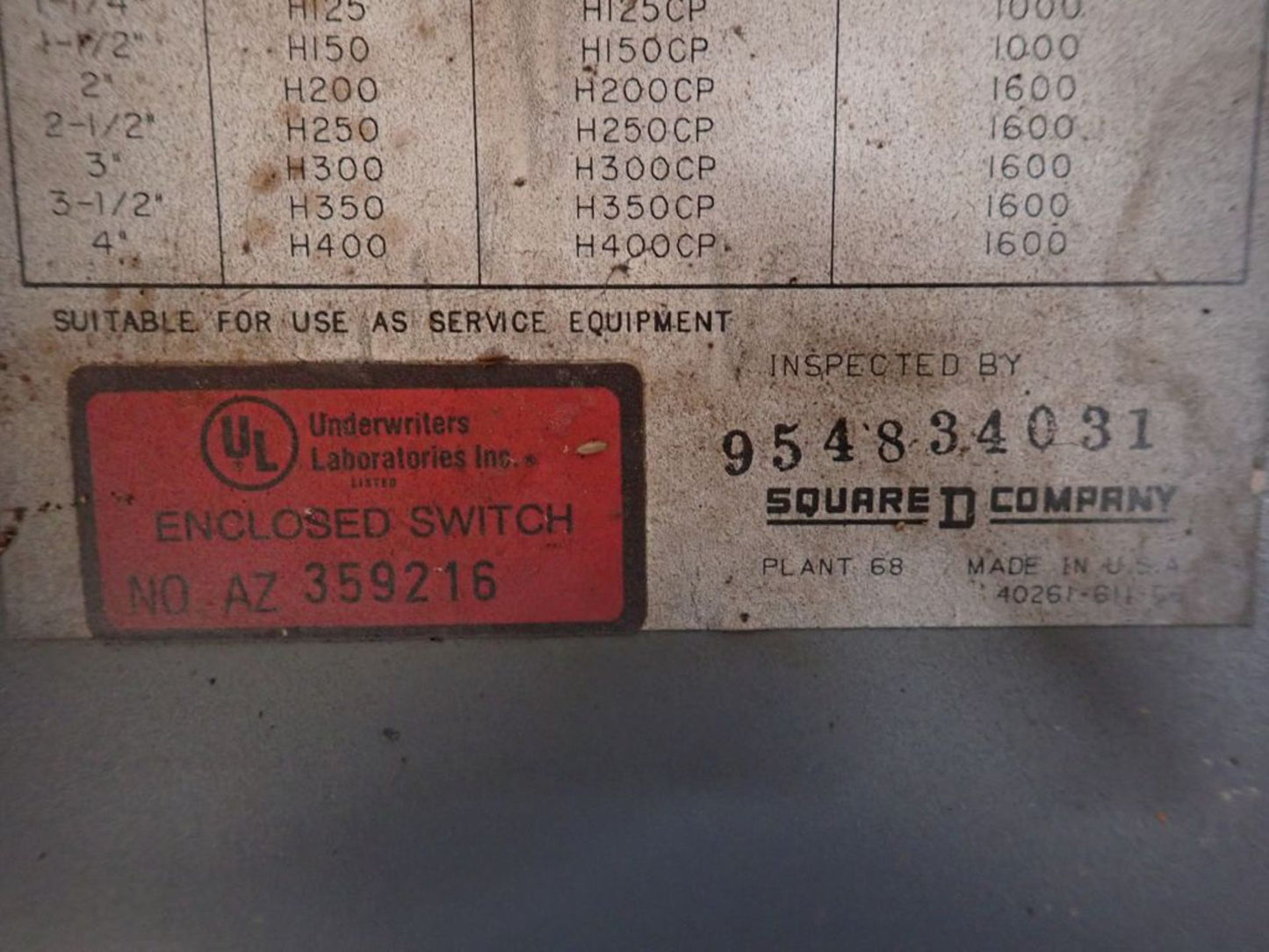 Square D 400A Heavy Duty Safety Switch and Enclosure HU365AWK 600V 3PH