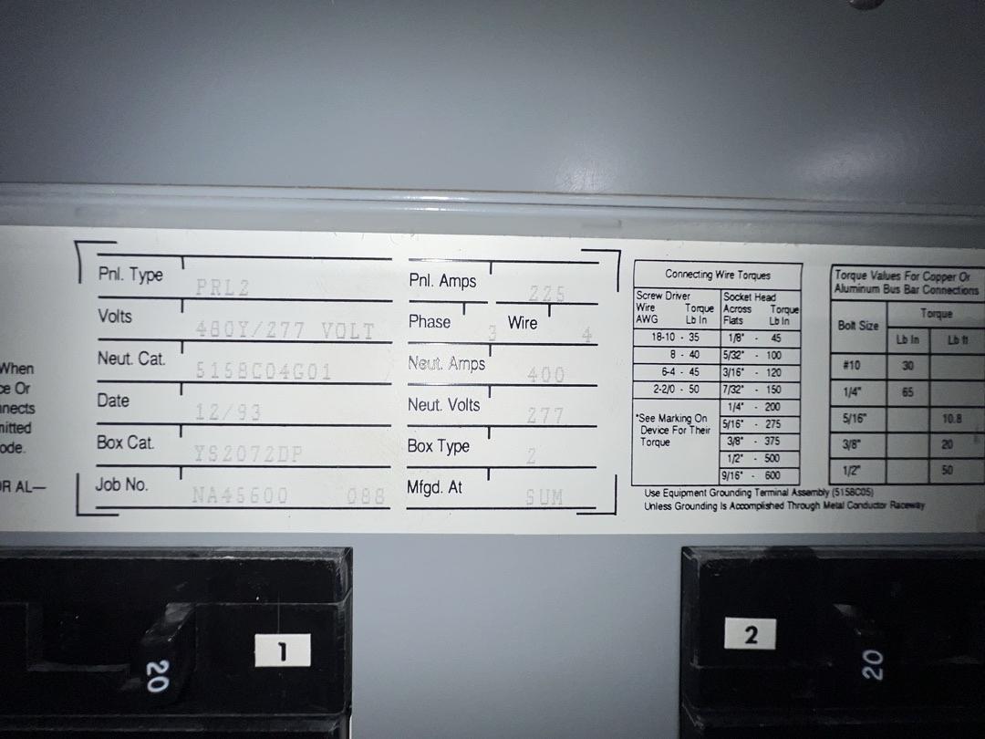 PRL2 225A 480/208V Panelboard W/ Main 42 Circuit Neut. 400A (S6LLST13230)