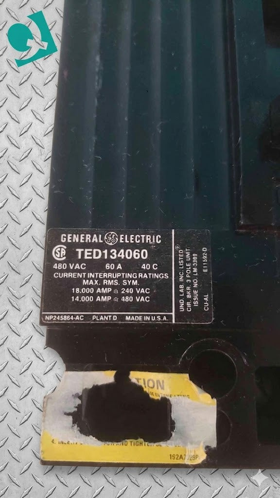 GE TED134060 Circuit Breaker 3-Pole 60A 480VAC Molded Case Industrial E-Frame Bolt-On (SKU: 113252)