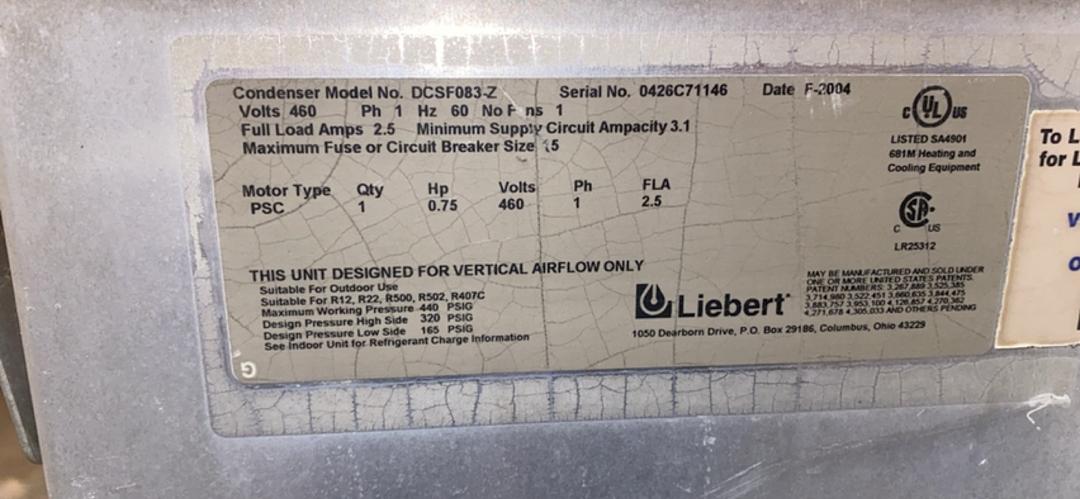 Liebert DCSF083-Z Single Fan Condenser 460V(S6LLST5892)