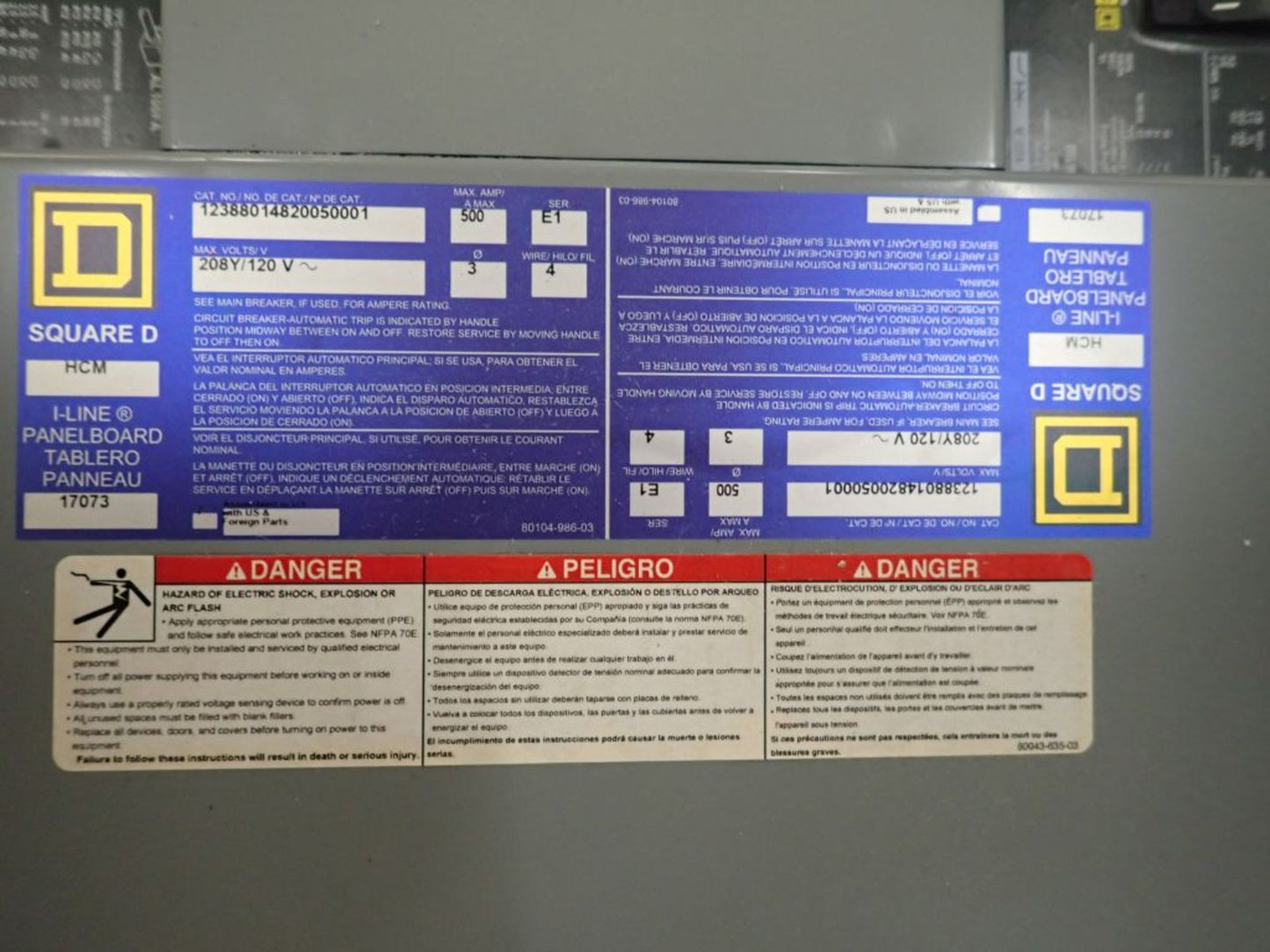 500A Square D I-Line Panelboard 208Y/120V w/ Main, Circuit Breakers, & Kirk Keys