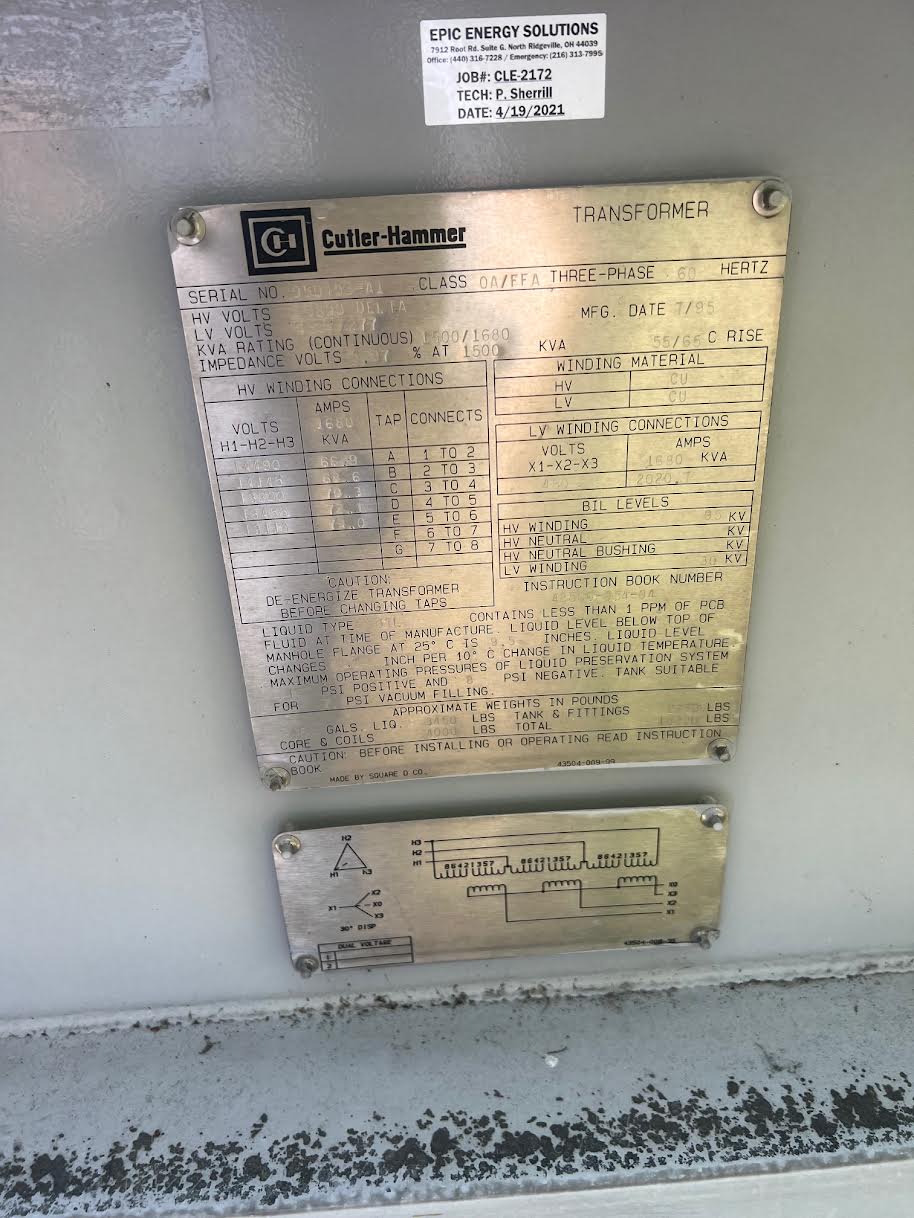 Cutler Hammer 1500 kVA Substation Transformer 13800V to 480Y 277V 3 Phase Copper(SKU: 113468)