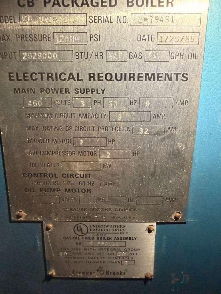 Cleaver Brooks CB200-70 Packaged Boiler 70 HP 125 PSI Dual Fuel Gas Oil 2.9M BTU