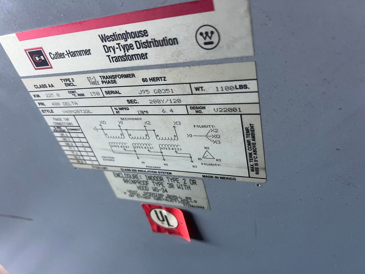 Cutler Hammer 225kVA Transformer 480V to 208Y 120V V48M28T22L(SKU: 113442)