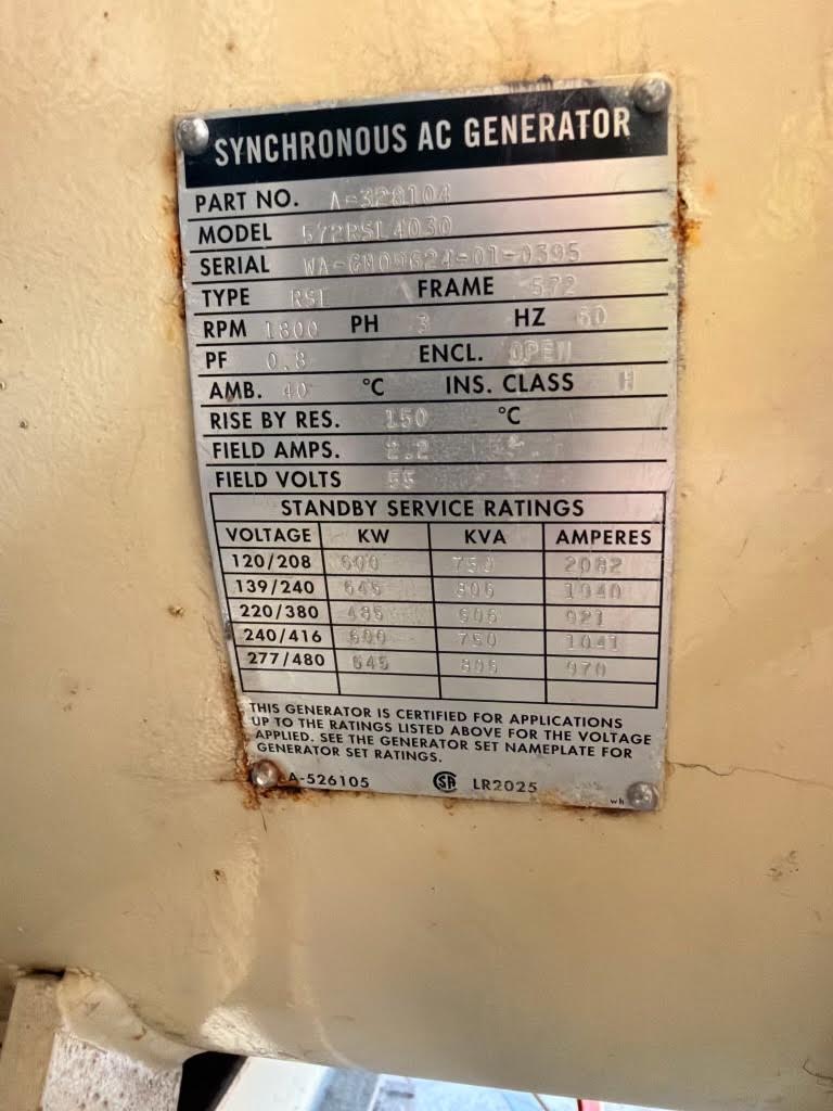 Kohler 600 kW Diesel Generator 277/480V 3 Phase 600kW Standby Power 572RSL4030
