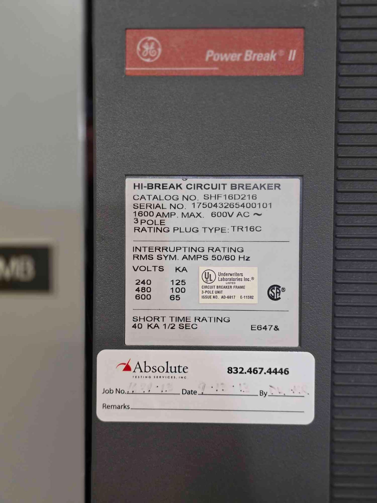 1600A GE Spectra Series Switchboard 480V 3PH Main Meter & 2 Distribution Breaker - Cell 3