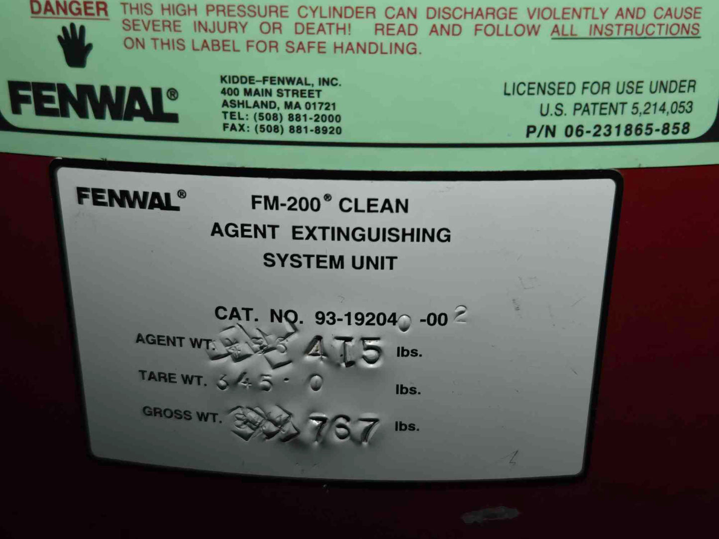 Fenwal FM-200 Clean Agent Extinguishing System Unit 475 Lbs (SKU: 111030)