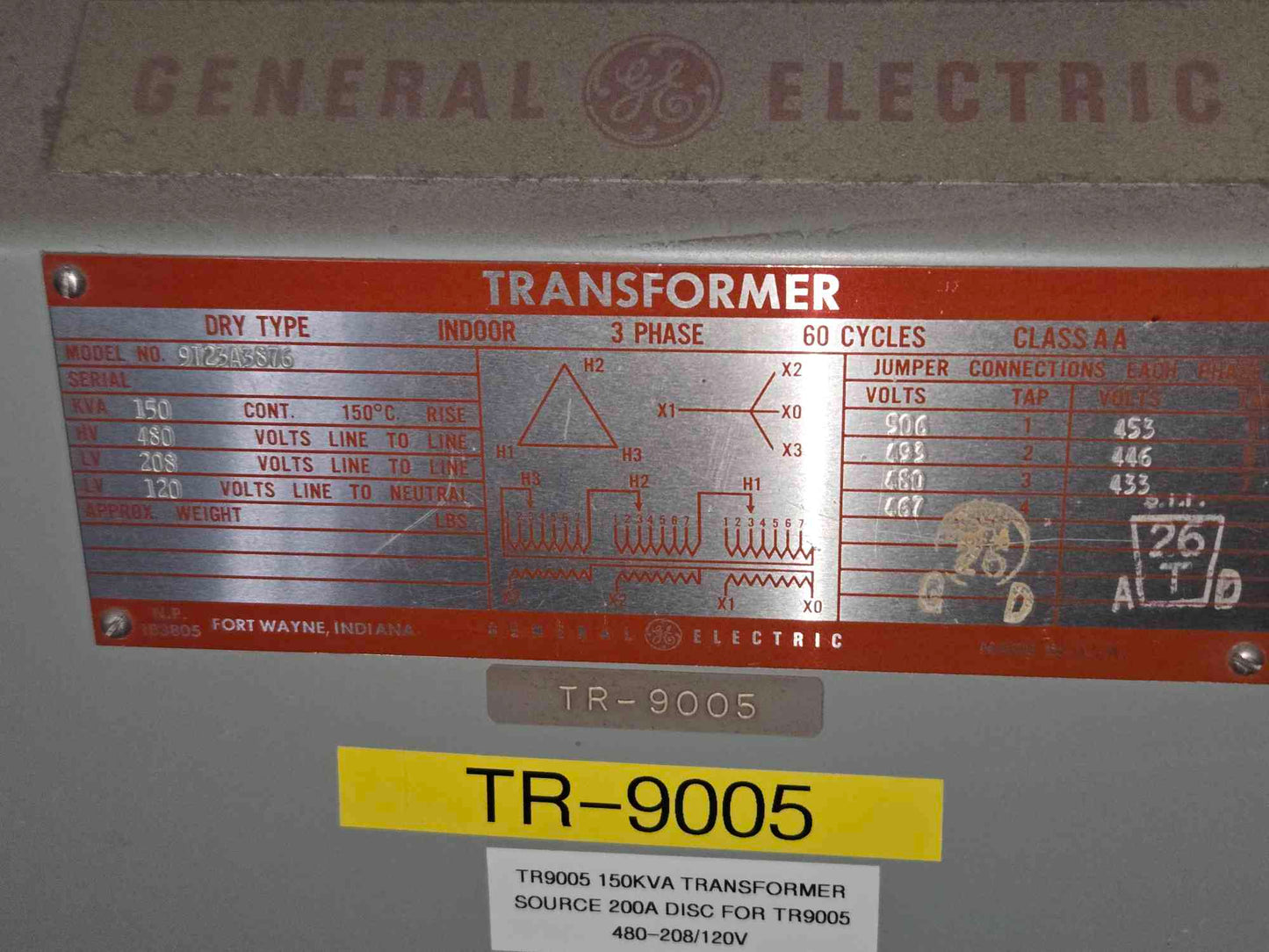 150KVA GE 9T23A3876 480v x 208/120vDry Type Transformer 3Ph 60 Cycles class AA (SKU: 112734)