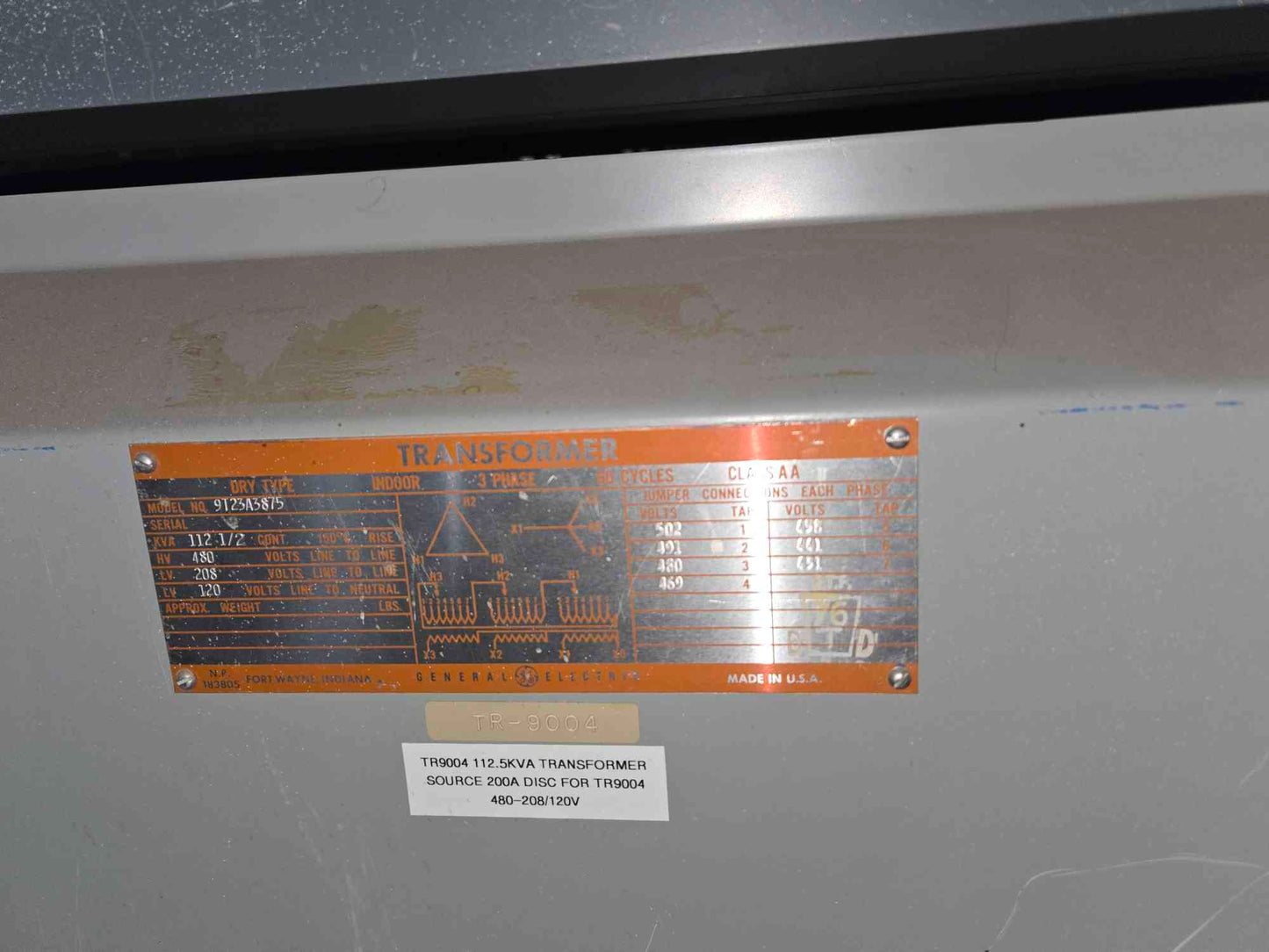 GE 112.5 KVA Dry Type Transformer 3 Phase 480V x 208Y/120V Model 9T23A3875 (SKU: 112736)