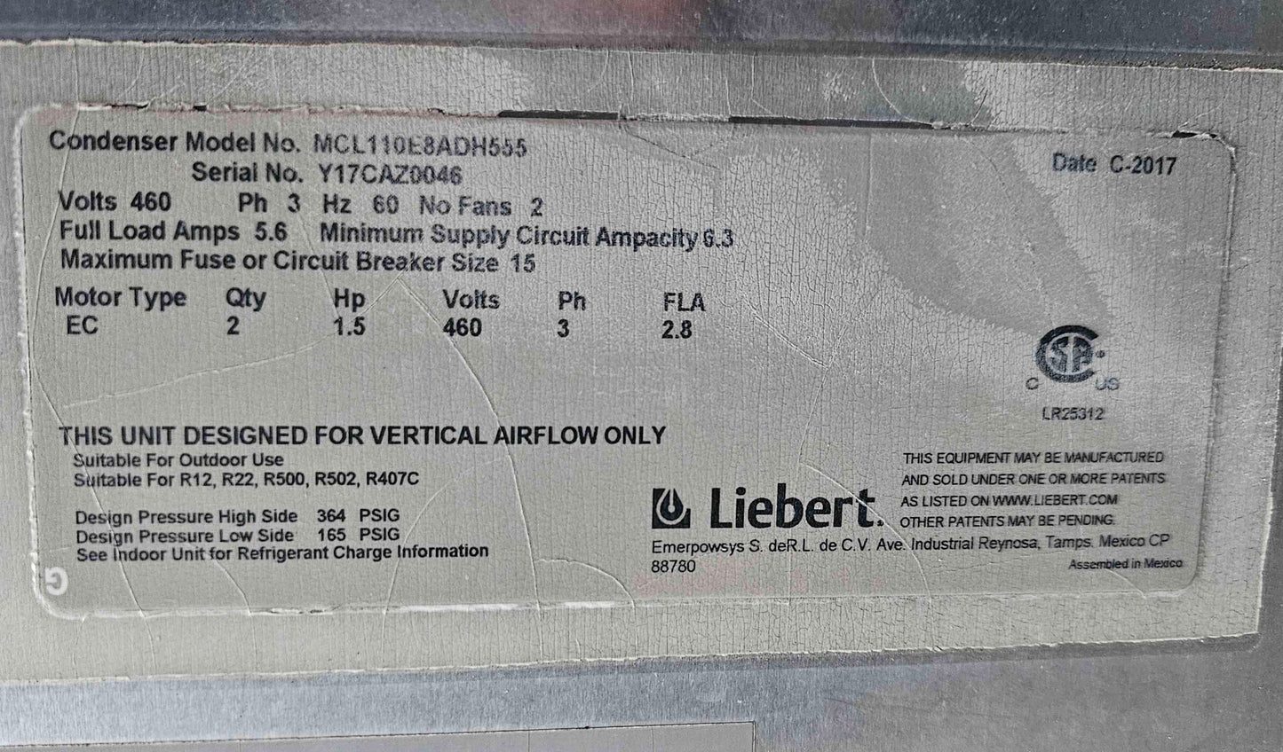 Liebert 460V 3PH 2 Fan Condenser MCL110E8ADH555 Vertiv Mirco Channel (SKU: 111377)