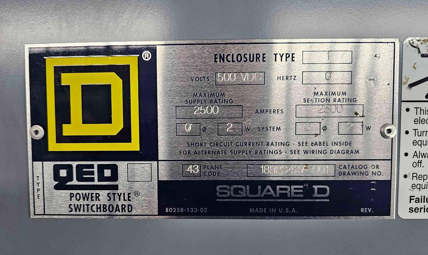 Square D QED 2500A 500V DC Switchboard Disconnect PCF362500DC1680 Type PCL Panel