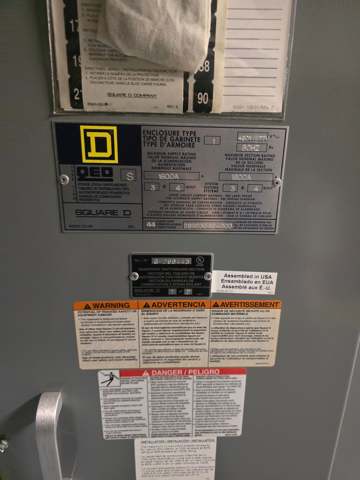 Square D QED Power-Style Switchboard 1600A 480Y/277V 3PH 4W Distribution Panel